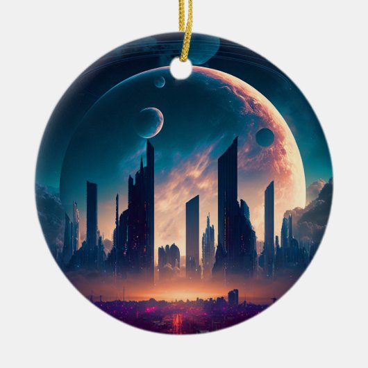 Science Fiction Cyberpunk Space City Keramisch Ornament (Voorkant)
