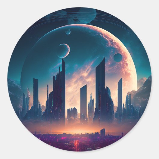 Science Fiction Cyberpunk Space City Ronde Sticker (Voorkant)