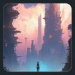 Science Fiction Futuristic City Vierkante Sticker<br><div class="desc">Fantasy art producten van The Lunarium.</div>