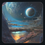 Science Fiction Futuristic Outer Space City Vierkante Sticker<br><div class="desc">Fantasy art producten van The Lunarium.</div>