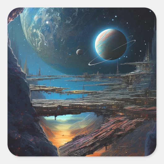 Science Fiction Futuristic Outer Space City Vierkante Sticker (Voorkant)