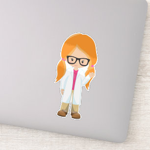 Science Girl, Scientist, Cute Girl, Oranje Hair Sticker