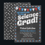 Science Graduation Party Invitation Red Blue Kaart<br><div class="desc">Een leuke en unieke uitnodiging van een wetenschapscursus in een chalkboardstijl met rode,  witte en blauwe vlaggen en een witte poka-stip grens met stippen op de rug.</div>