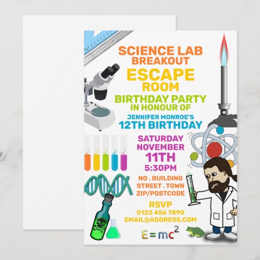 Science Lab Theme Escape Room, Birthday Party Kaart (Voorkant / Achterkant)