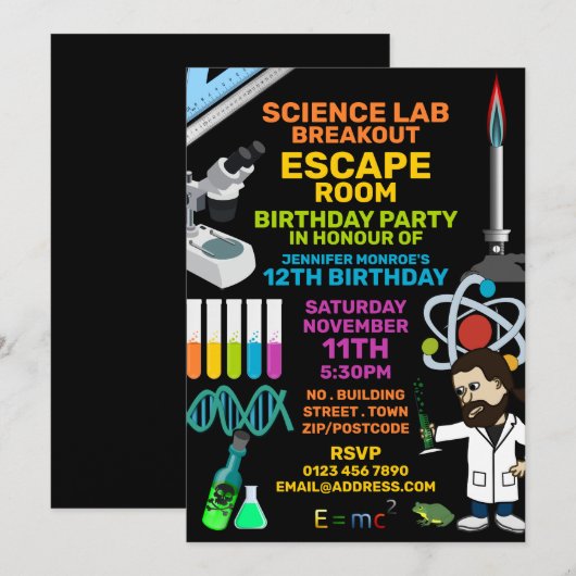 Science Lab Theme Escape Room, Birthday Party Kaart (Voorkant / Achterkant)