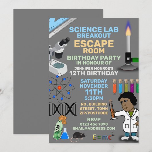 Science Lab Theme Escape Room, Birthday Party Kaart (Voorkant / Achterkant)