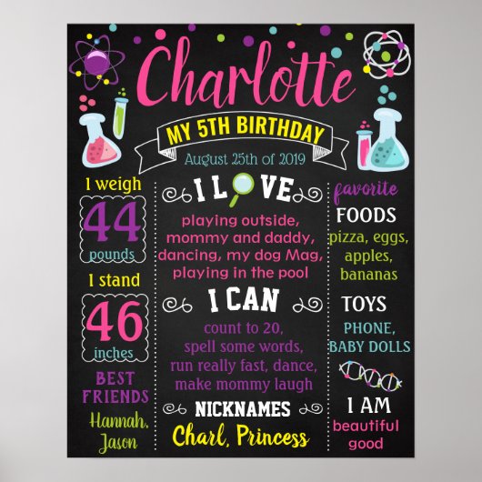 Science Mad Scientist Girl Birthday chalkboard Poster (Voorkant)