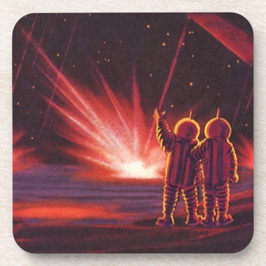 Sciencefiction-alien uit het verleden op rode plan onderzetter (Voorkant)