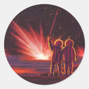 Sciencefiction over buitenaardse wezens op rode pl ronde sticker