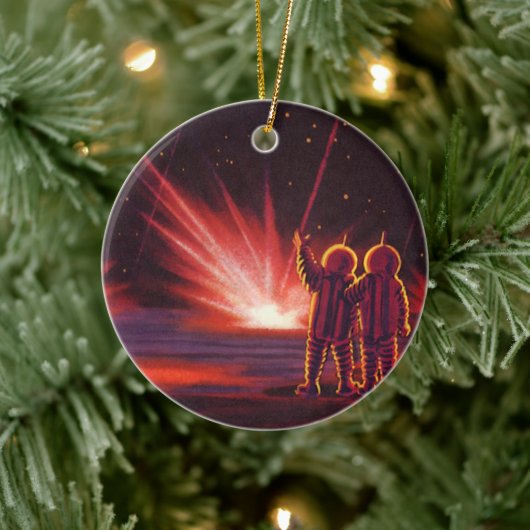 Sciencefiction over explosie op rode planeet in vi keramisch ornament (Boom)