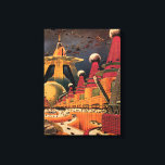 Sciencefiction uit het verleden: futuristische sta canvas afdruk<br><div class="desc">Illustratie van een reis- en transport sciencefiction afbeelding met een klassieke retro sciencefiction stadsomgeving met een stad van de toekomst. De architecturale gebouwen zijn kegelvormig en voertuigen vliegen door de lucht als vogels terwijl menigten mensen door de metropool bewegen.</div>
