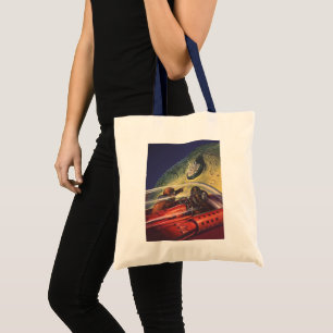 Sciencefiction uit het verleden, futuristische sta tote bag