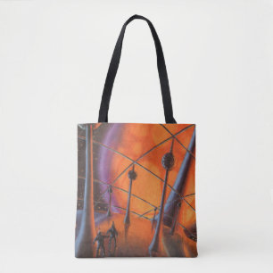Sciencefiction uit het verleden, oranje zon en bui tote bag