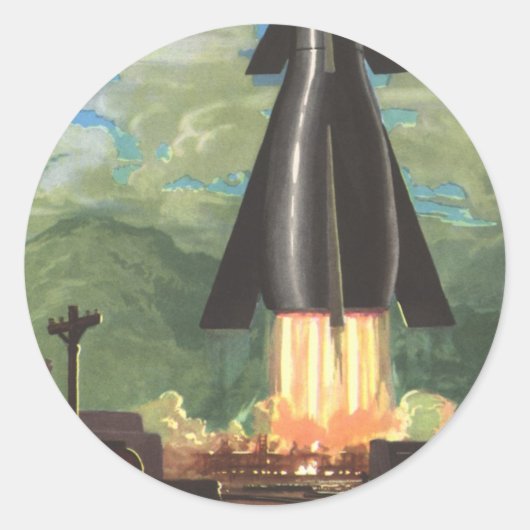 Sciencefiction uit het verleden, raket vertrekt va ronde sticker (Voorkant)