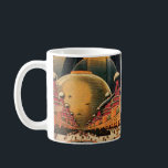 Sciencefiction uit vroeger dagen: futuristische st koffiemok<br><div class="desc">Illustratie van reizen en transport in sciencefictionstijl met een klassieke retro sciencefiction stadsomgeving met een stad van de toekomst. De architecturale gebouwen zijn kegelvormig en voertuigen vliegen door de lucht als vogels terwijl menigten mensen door de metropool bewegen.</div>