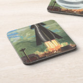 Sciencefiction uit vroeger tijden, raket vertrekt  bier onderzetter (Linkerzijde)