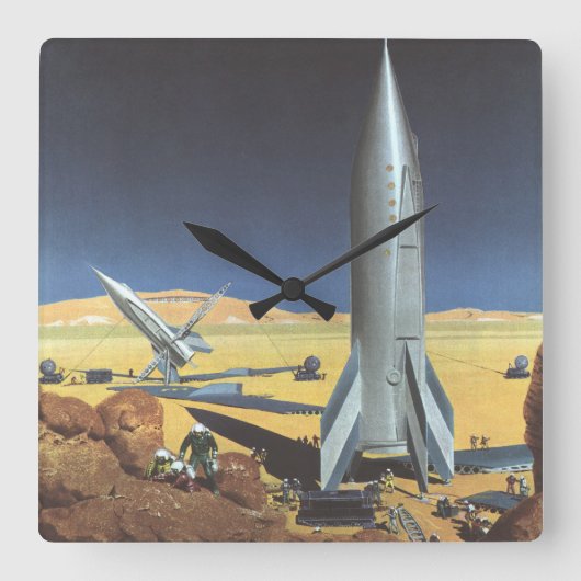 Sciencefiction-woestijnplaneet met raketten uit he vierkante klok (Voorkant)