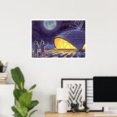 Sciencefictionaliens uit vroeger tijden op de blau poster (Thuiskantoor)