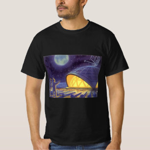Sciencefictionaliens uit vroeger tijden op de blau t-shirt