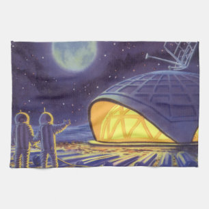 Sciencefictionaliens uit vroeger tijden op de blau theedoek