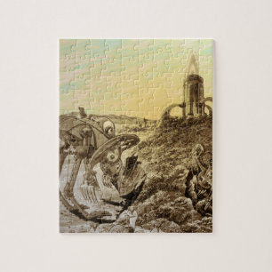 Sciencefictionaliens van vroeger bouwen op een pla legpuzzel