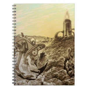 Sciencefictionaliens van vroeger bouwen op een pla notitieboek