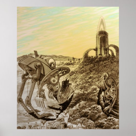 Sciencefictionaliens van vroeger bouwen op een pla poster (Voorkant)