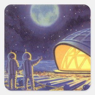 Sciencefictionaliens van vroeger op de blauwe plan vierkante sticker