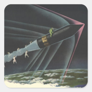 Sciencefictionastronaut uit het verleden die op ee vierkante sticker