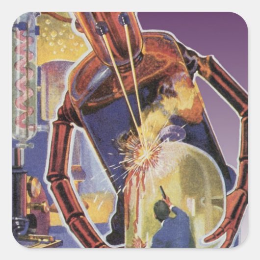 sciencefictionrobot met laserstraal vierkante sticker (Voorkant)
