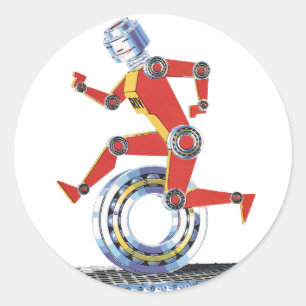 Sciencefictionrobot uit het verleden die rent met  ronde sticker