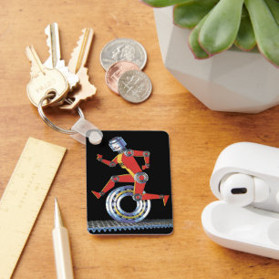 Sciencefictionrobot uit het verleden die rent met  sleutelhanger