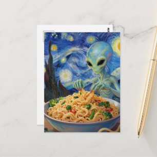 Scifi Blauwe Alien Eet Noedels Groenten Van Gogh Briefkaart