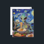 Scifi Blue Alien Eating Noodles and Veggies Briefkaart<br><div class="desc">Scifi fantasy unique AI generated art of a blue alien eating noodles and veggies</div>
