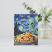 Scifi Blue Alien Eating Noodles Veggies Van Gogh Briefkaart (Staand voorkant)