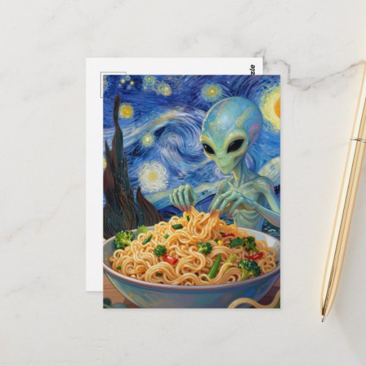 Scifi Blue Alien Eating Noodles Veggies Van Gogh Briefkaart (Voorkant / Achterkant in situ)