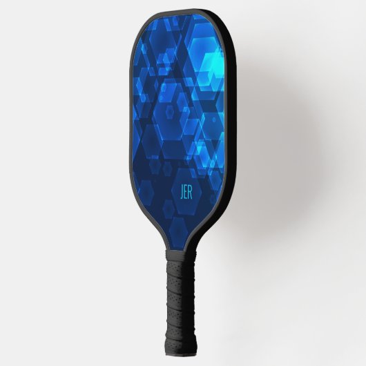 Scifi Cool Hexagon Abstract Monogrammed Blue Tech Pickleball Paddle (Links)