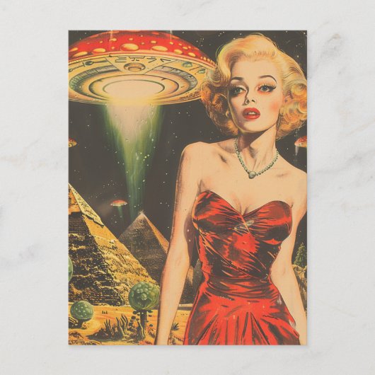 Scifi Fantasy Aliens Blond Vrouw In Rode Jurk Briefkaart (Voorkant)