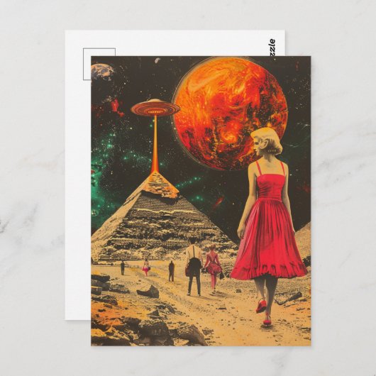 Scifi Fantasy Aliens en vrouw in rode jurk Briefkaart (Voorkant / Achterkant)