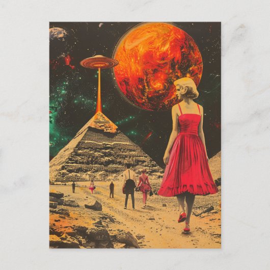 Scifi Fantasy Aliens en vrouw in rode jurk Briefkaart (Voorkant)