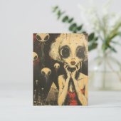 Scifi Fantasy Aliens en vrouw in rode jurk Briefkaart (Staand voorkant)