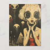 Scifi Fantasy Aliens en vrouw in rode jurk Briefkaart (Voorkant)