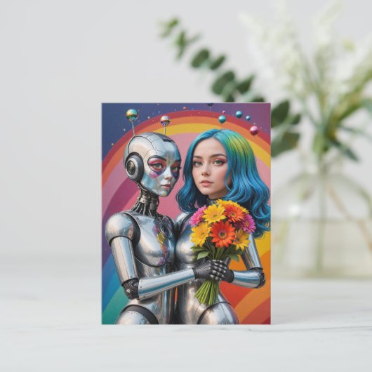 SciFi Vrouw Robots in Liefde Briefkaart (Staand voorkant)