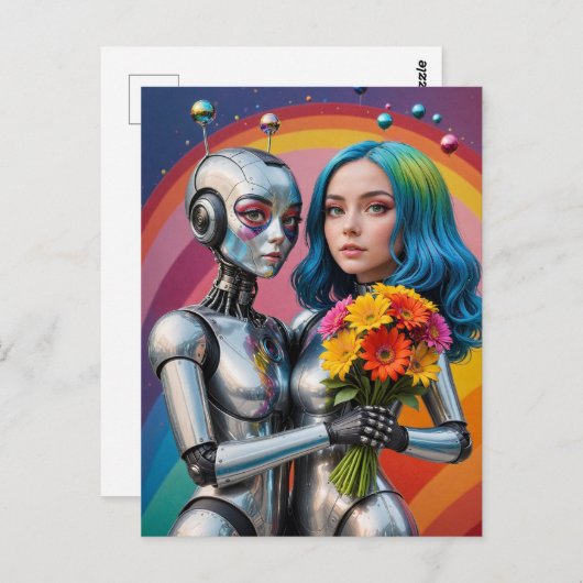 SciFi Vrouw Robots in Liefde Briefkaart (Voorkant / Achterkant)