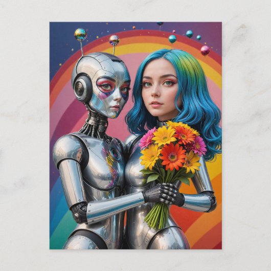 SciFi Vrouw Robots in Liefde Briefkaart (Voorkant)