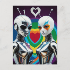 SciFi Vrouw Robots in Love Rainbow Heart Briefkaart