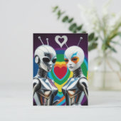 SciFi Vrouw Robots in Love Rainbow Heart Briefkaart (Staand voorkant)