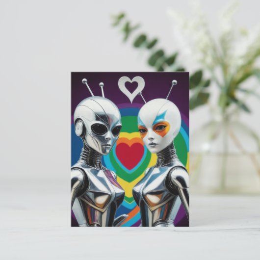 SciFi Vrouw Robots in Love Rainbow Heart Briefkaart (Staand voorkant)