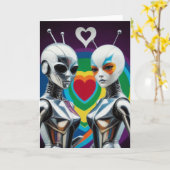 SciFi Vrouw Robots in Love Rainbow Heart Kaart (Gele Bloem)