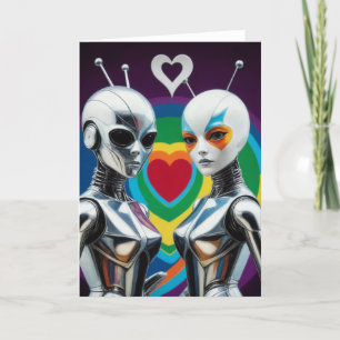 SciFi Vrouw Robots in Love Rainbow Heart Kaart
